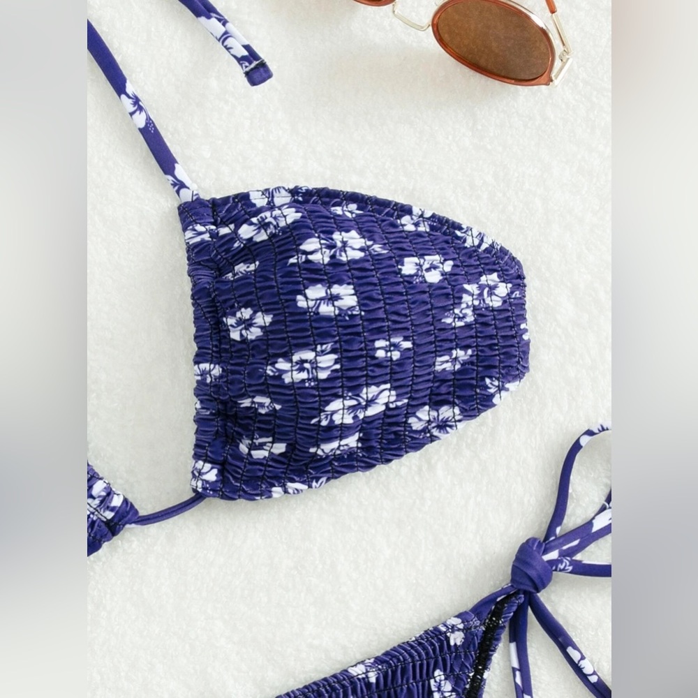 Navy Blue Floral Smocked Tie Side Bikini Swimsuit Set - Picture 5 of 5